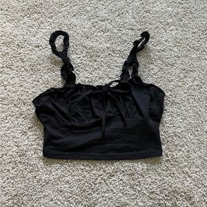 SHEIN Black Ruffle-Trim Crop Top with Front Tie